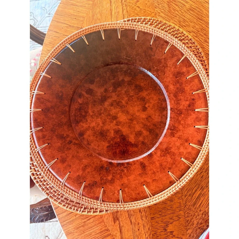 Vintage Faux Tortoise Decorative Charger Plate Woven Rattan Rim 14